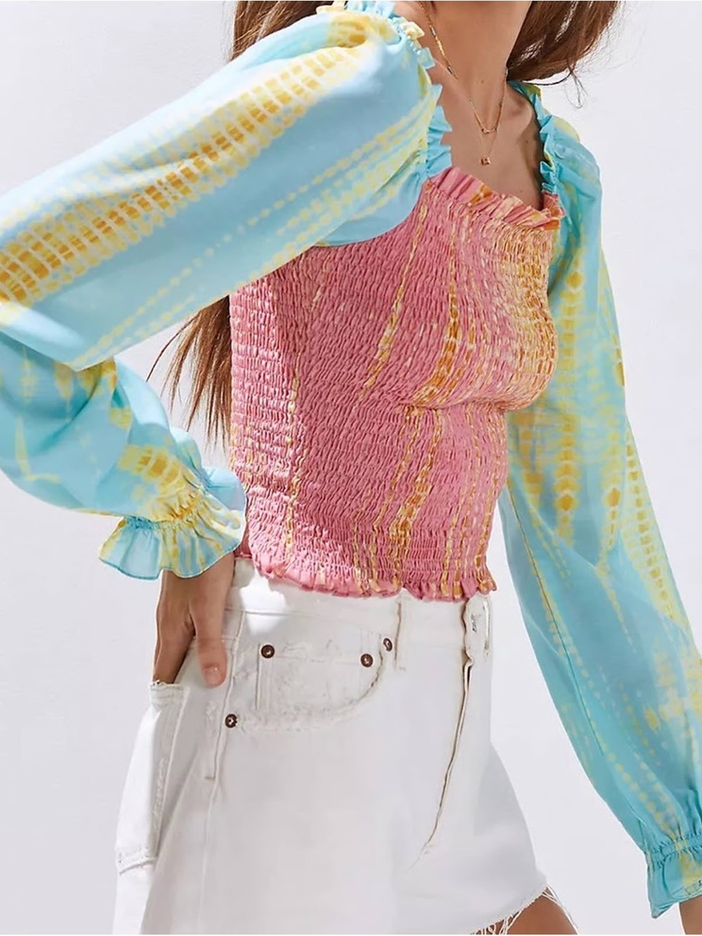 NWT Anthropologie Kavita Bhartia Smocked Tie Dye Blouse Pink Blue Yellow M